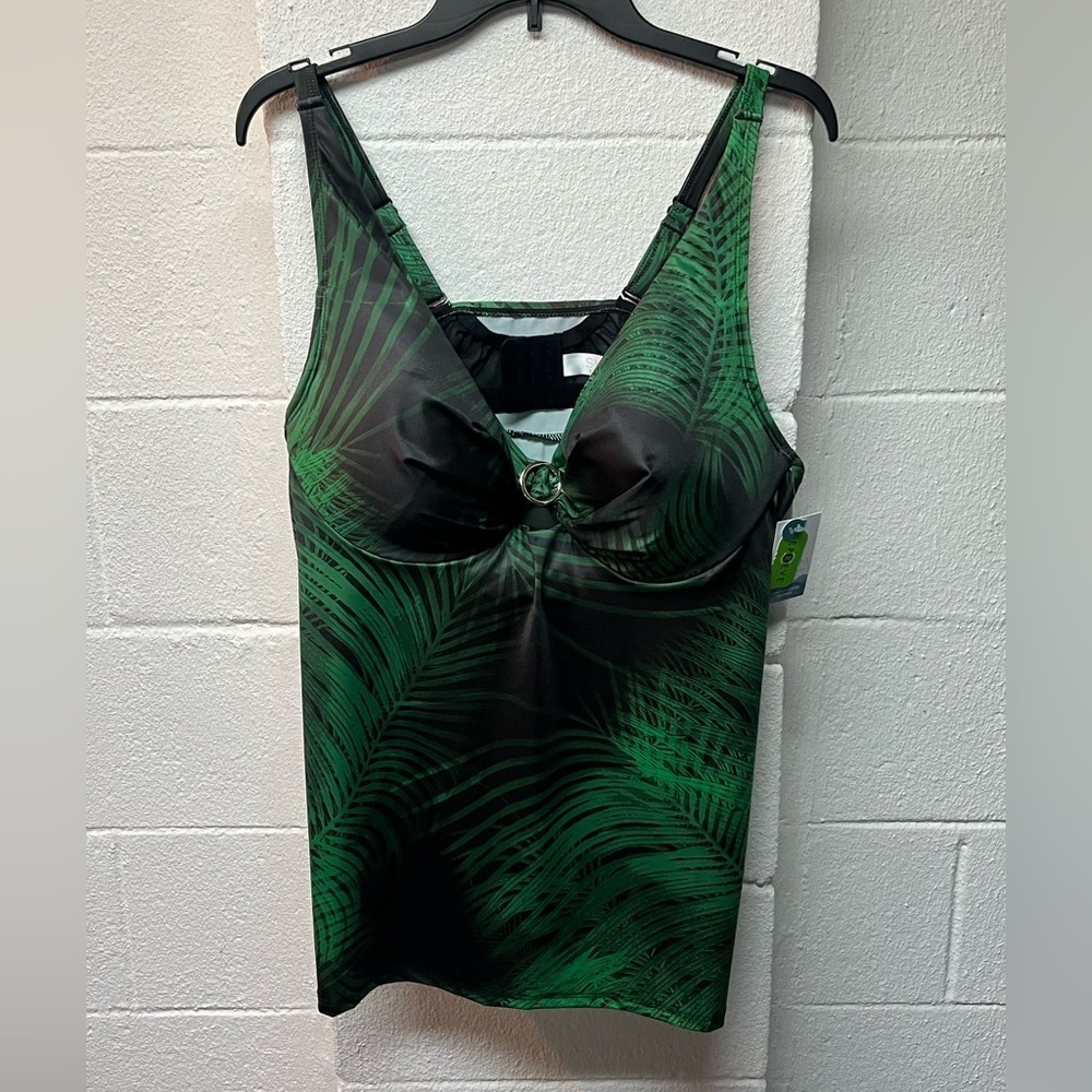 Cacique Swim Green and Black Tropical Print Tank Top - Picture 1 of 6